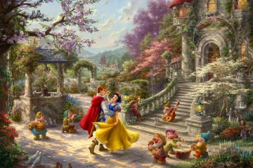 threefemale figures dancing playing Painting - Snow White Dancing in the Sunlight Thomas Kinkade